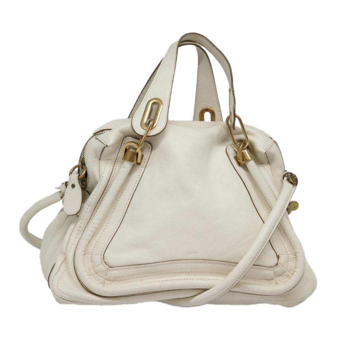 Chloe Paraty Hand Bag Leather 2way White Gold Auth tb1206