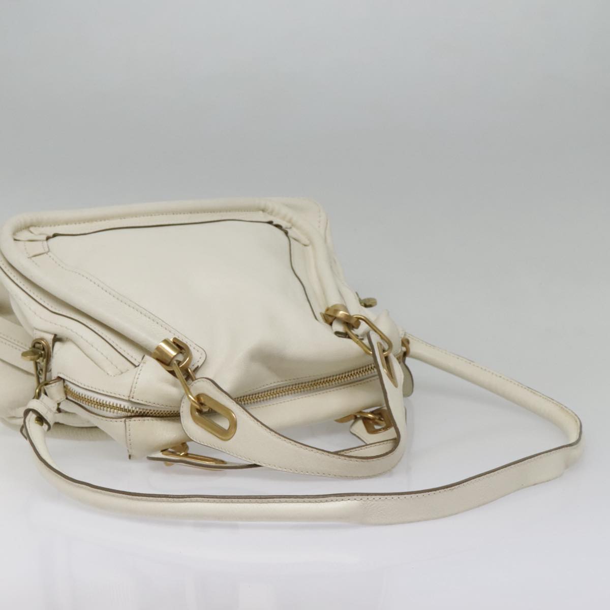 Chloe Paraty Hand Bag Leather 2way White Gold Auth tb1206