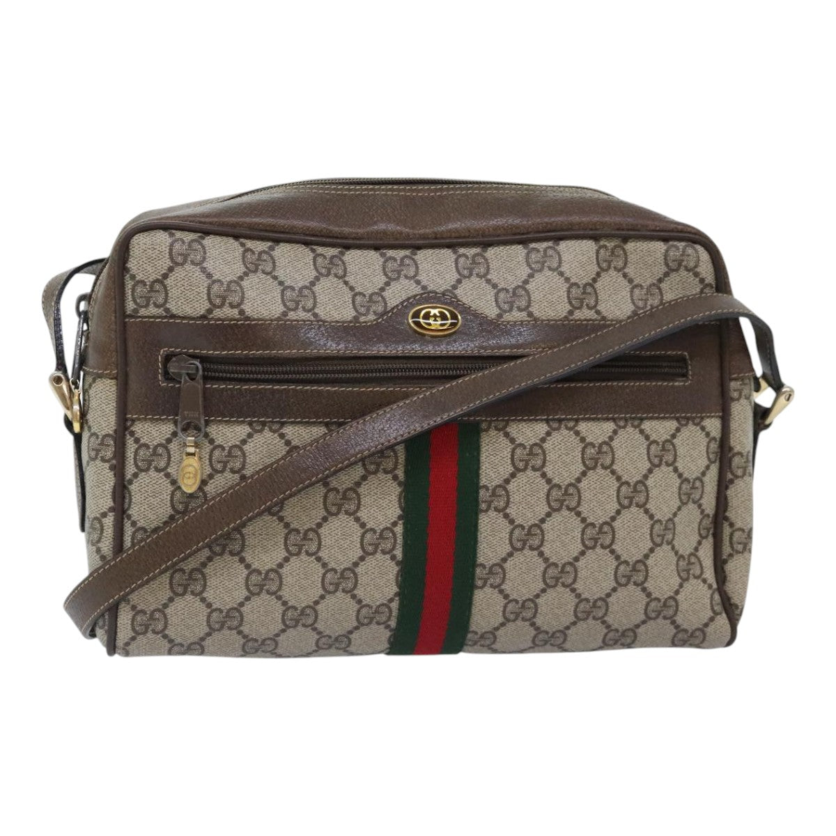 GUCCI GG Canvas Web Sherry Line Shoulder Bag PVC Leather Beige Green Auth tb1208