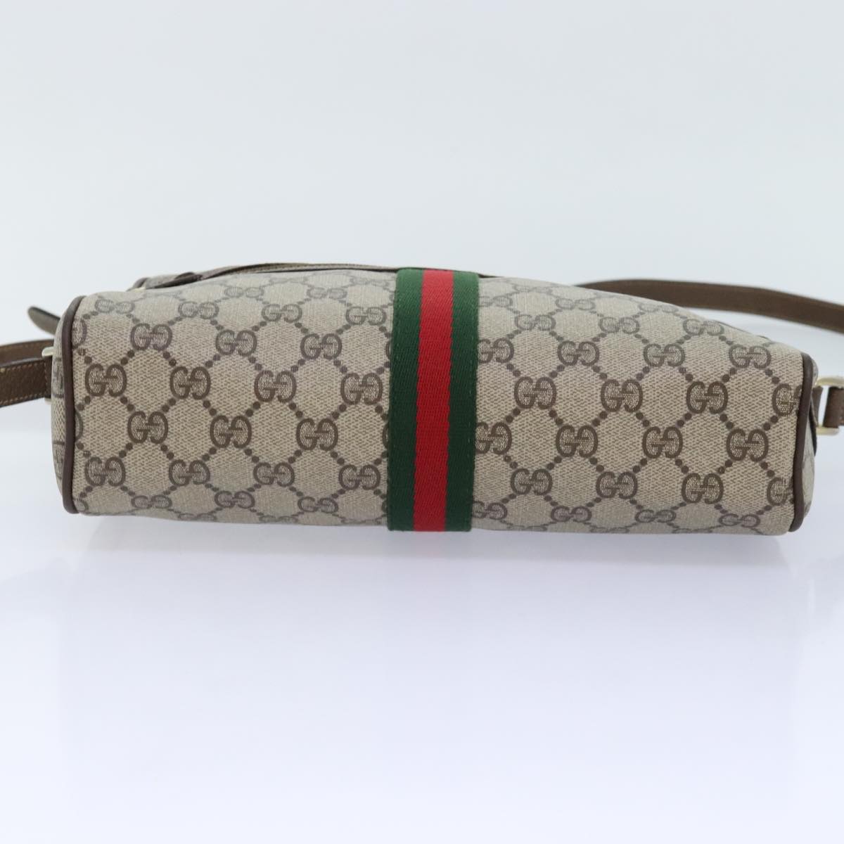 GUCCI GG Canvas Web Sherry Line Shoulder Bag PVC Leather Beige Green Auth tb1208