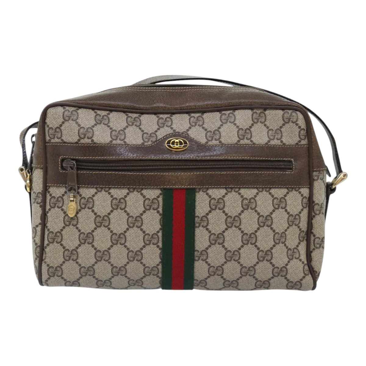 GUCCI GG Canvas Web Sherry Line Shoulder Bag PVC Leather Beige Green Auth tb1208