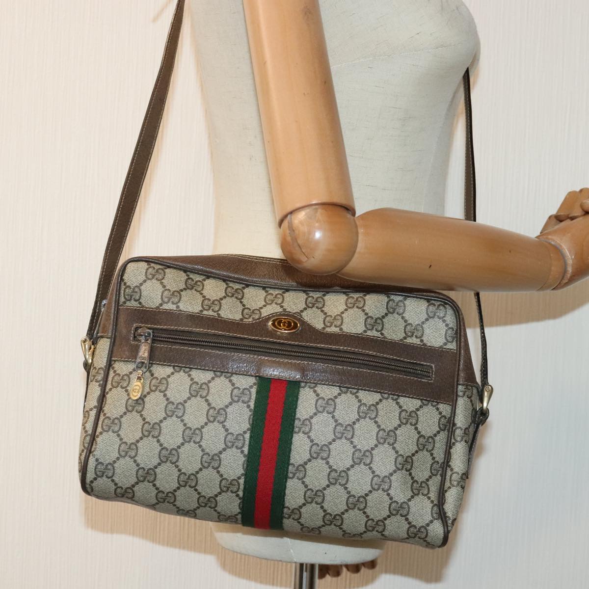 GUCCI GG Canvas Web Sherry Line Shoulder Bag PVC Leather Beige Green Auth tb1208