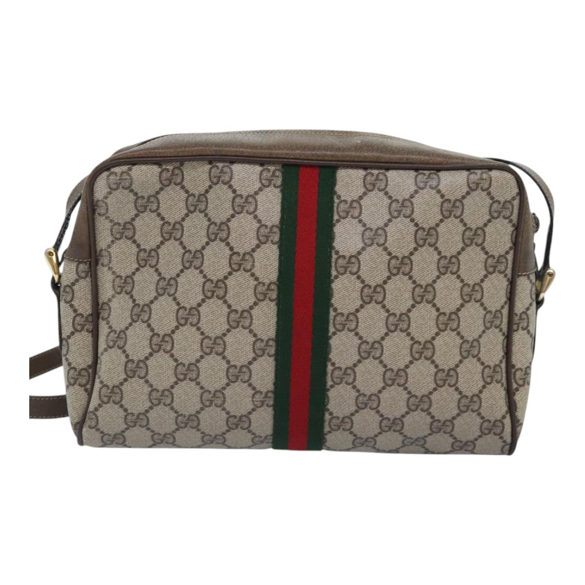 GUCCI GG Canvas Web Sherry Line Shoulder Bag PVC Leather Beige Green Auth tb1208 - 0