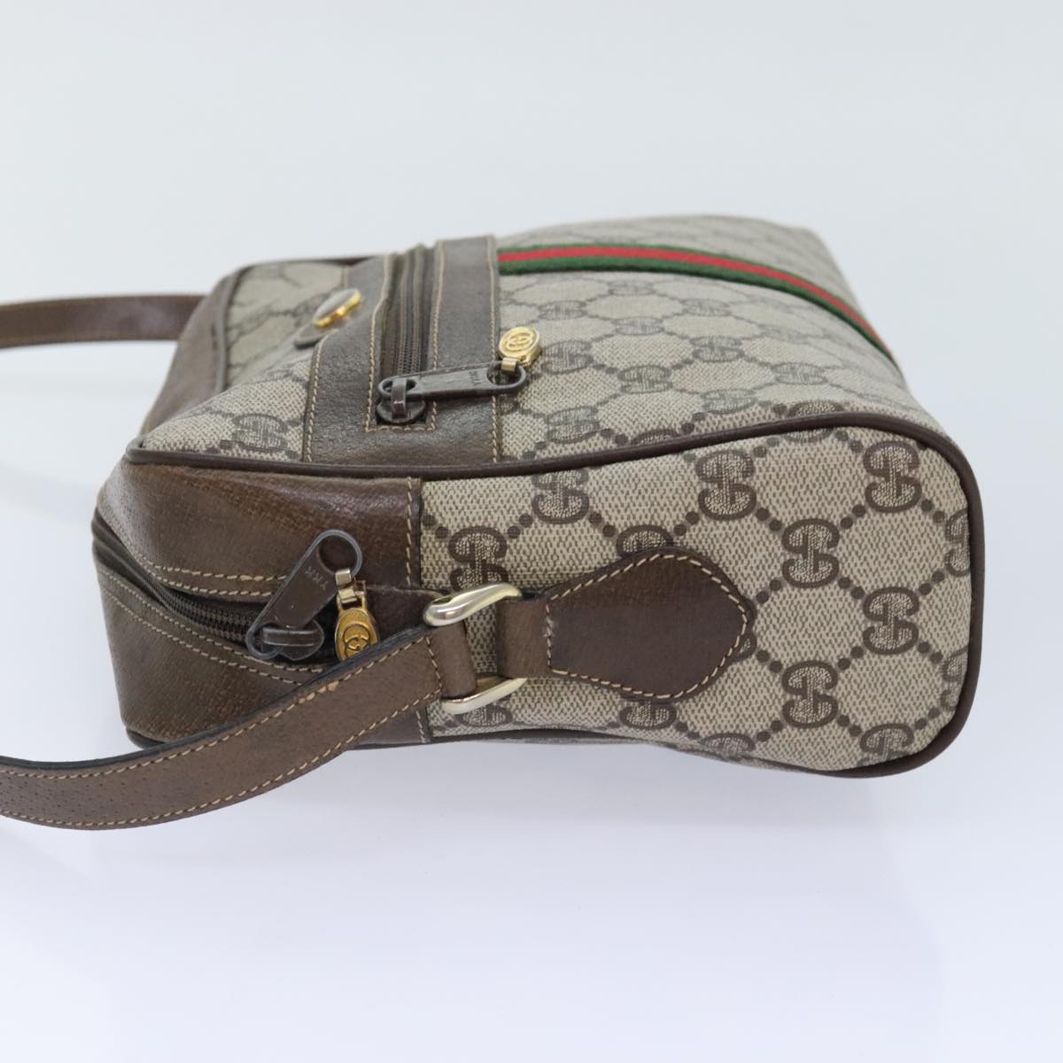 GUCCI GG Canvas Web Sherry Line Shoulder Bag PVC Leather Beige Green Auth tb1208