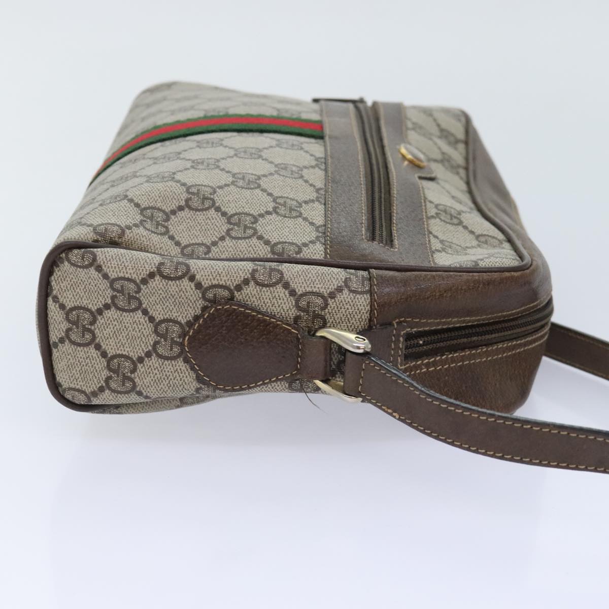 GUCCI GG Canvas Web Sherry Line Shoulder Bag PVC Leather Beige Green Auth tb1208