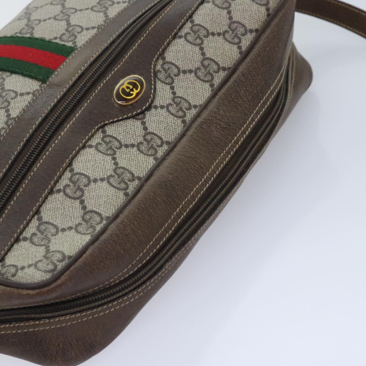 GUCCI GG Canvas Web Sherry Line Shoulder Bag PVC Leather Beige Green Auth tb1208