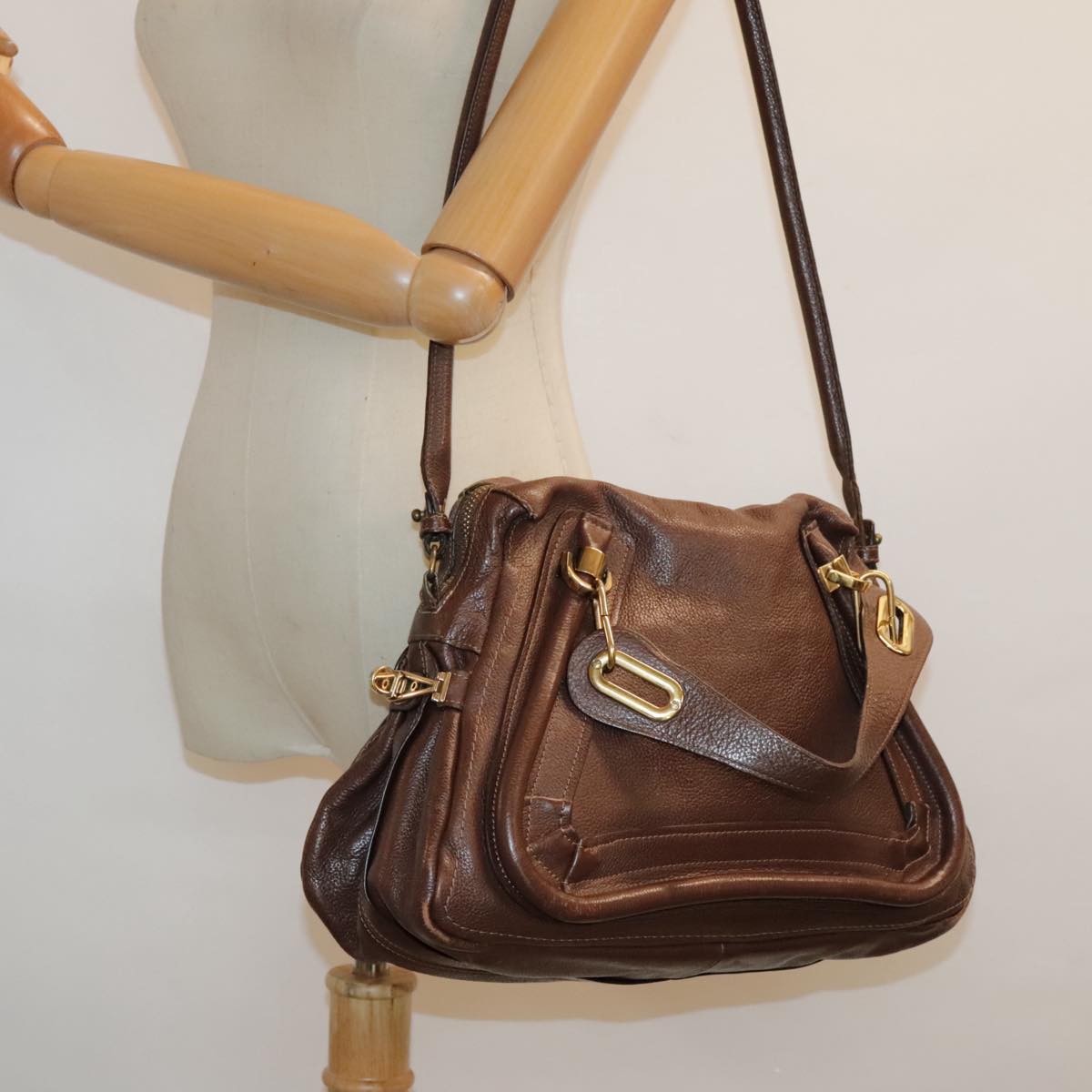 Chloe Paraty Hand Bag Leather 2way Brown Gold Auth tb1210