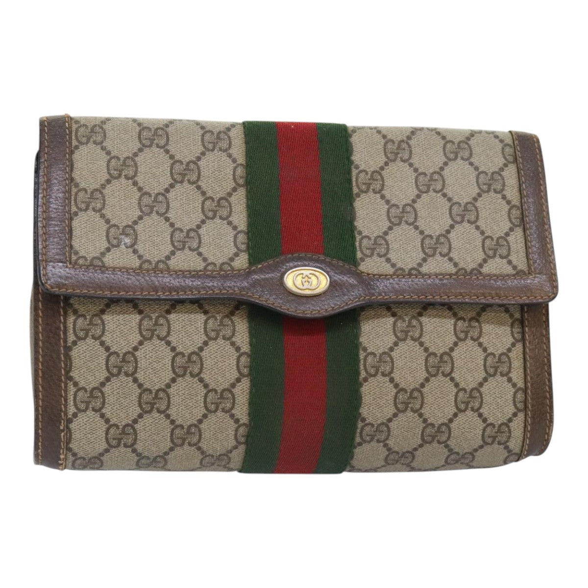 GUCCI GG Canvas Web Sherry Line Clutch Bag PVC Leather Beige Green Auth tb1215