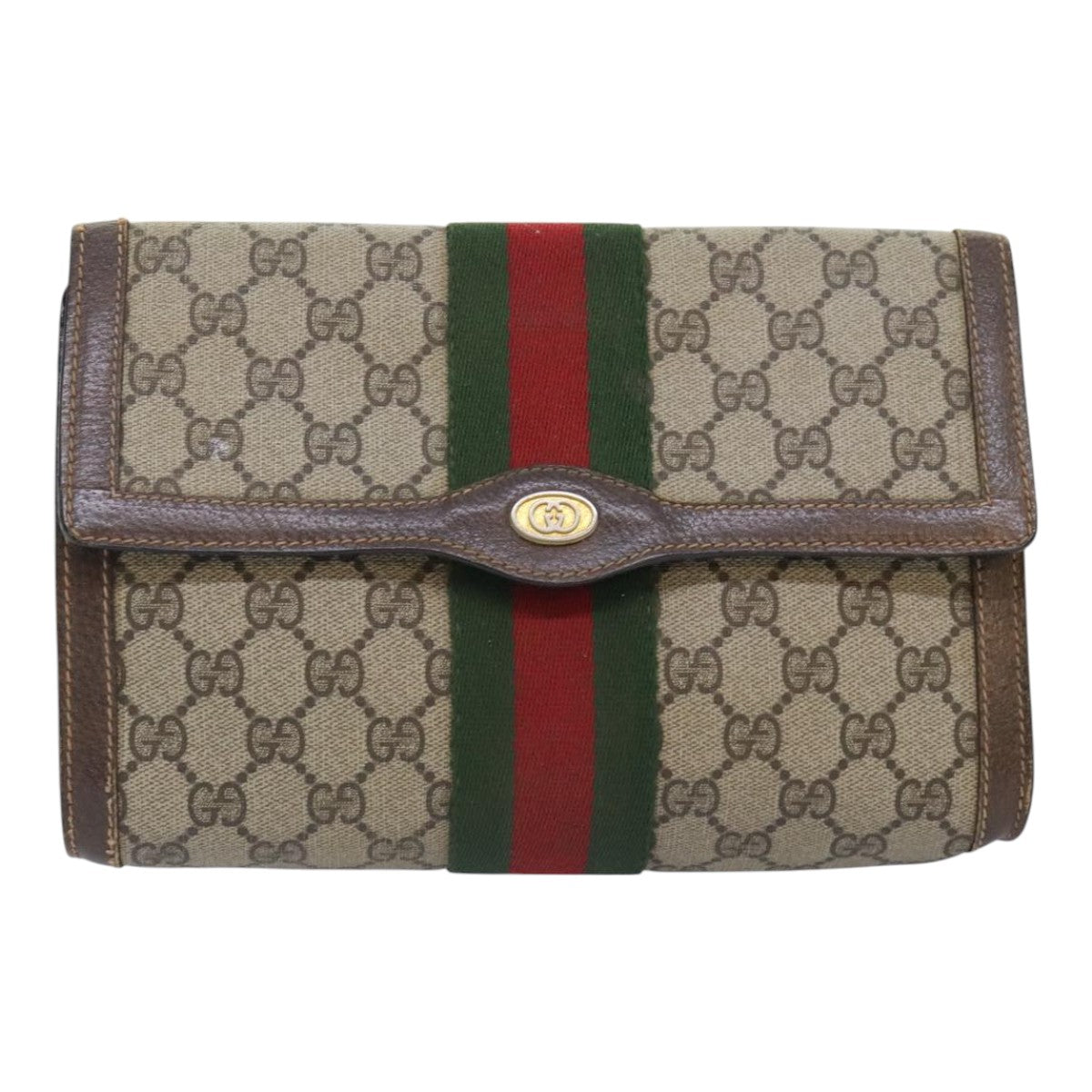 GUCCI GG Canvas Web Sherry Line Clutch Bag PVC Leather Beige Green Auth tb1215