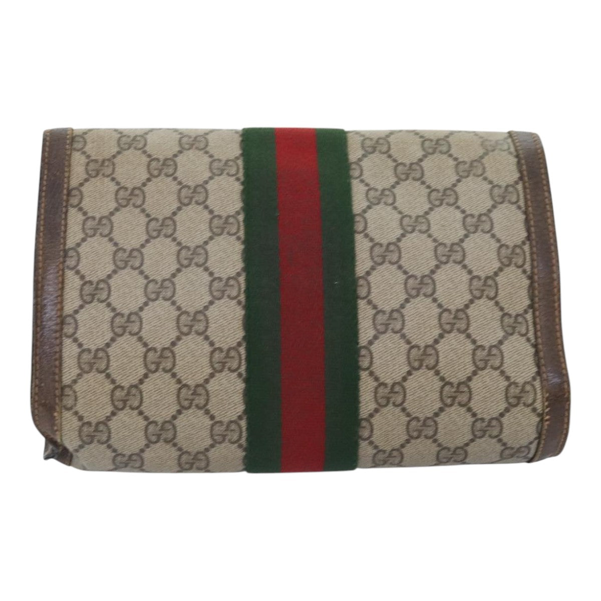 GUCCI GG Canvas Web Sherry Line Clutch Bag PVC Leather Beige Green Auth tb1215 - 0