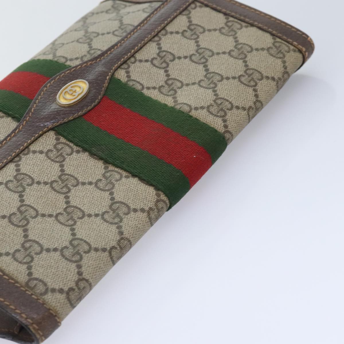 GUCCI GG Canvas Web Sherry Line Clutch Bag PVC Leather Beige Green Auth tb1215