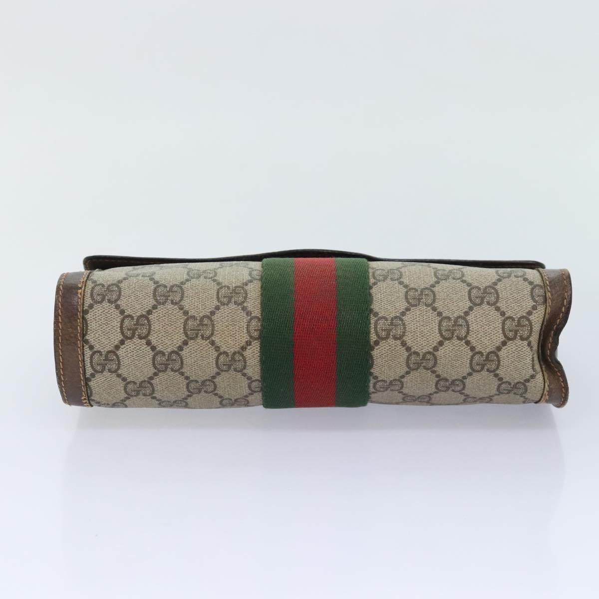 GUCCI GG Canvas Web Sherry Line Clutch Bag PVC Leather Beige Green Auth tb1215