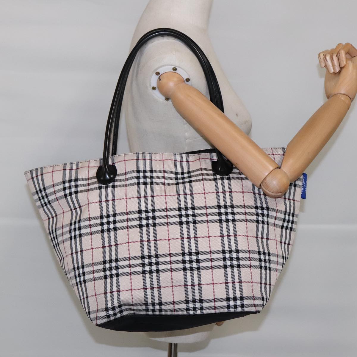 BURBERRY Nova Check Blue Label Tote Bag Nylon Beige Auth tb1239