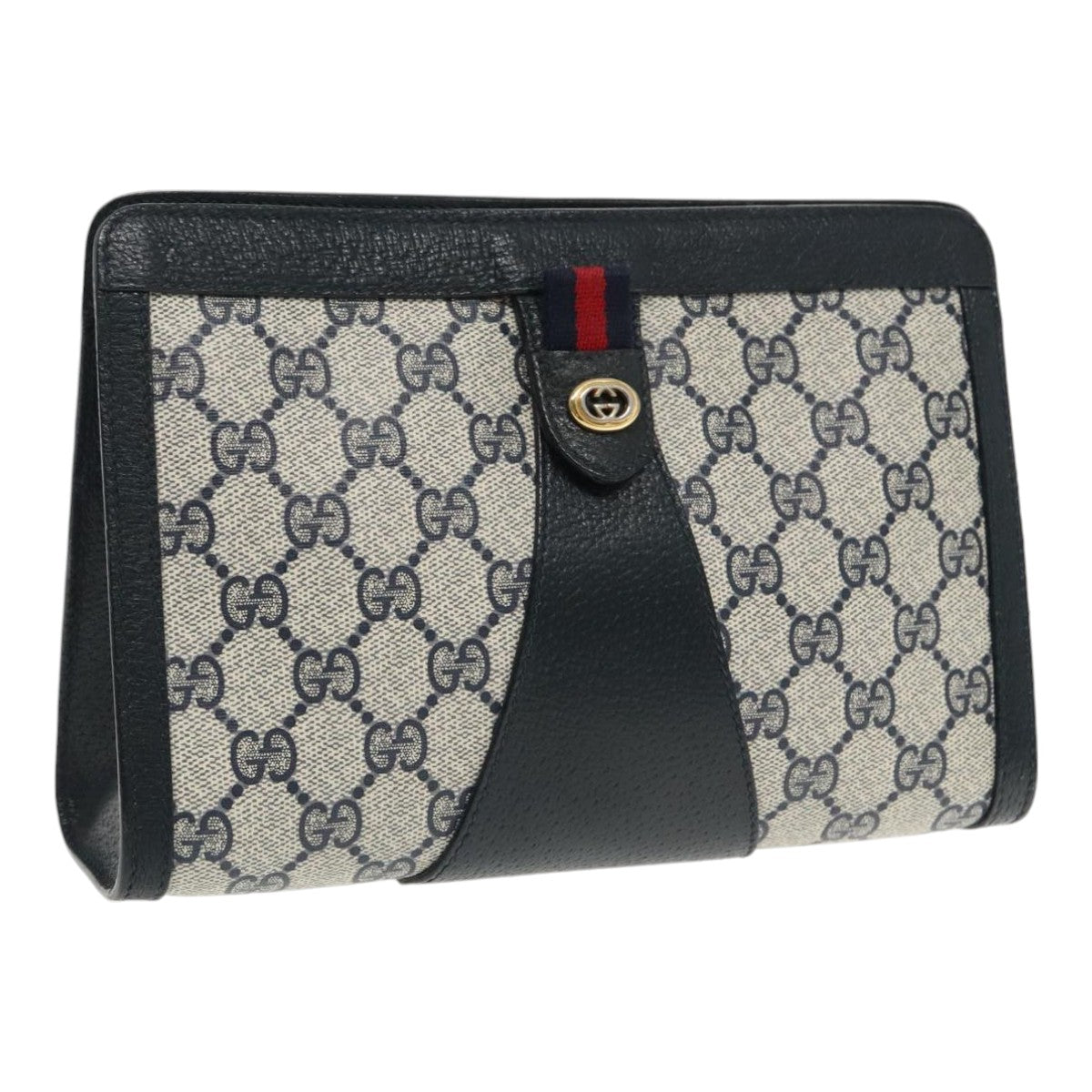 GUCCI GG Supreme Sherry Line Clutch Bag PVC Navy Red 89 01 032 Auth tb1241