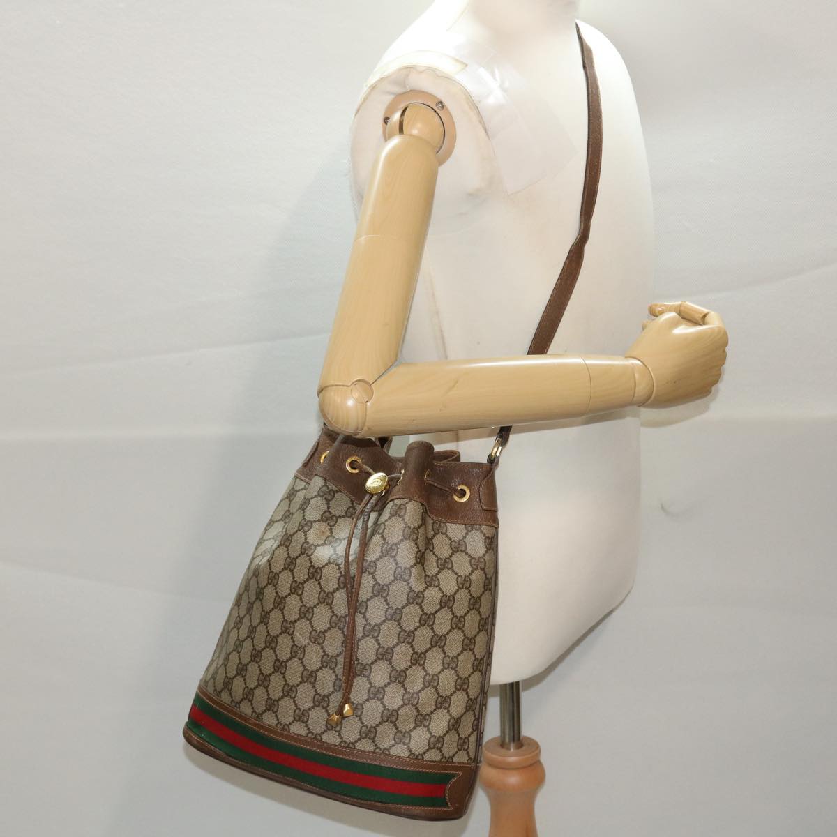 GUCCI GG Canvas Web Sherry Line Shoulder Bag Beige Red Green Auth tb826