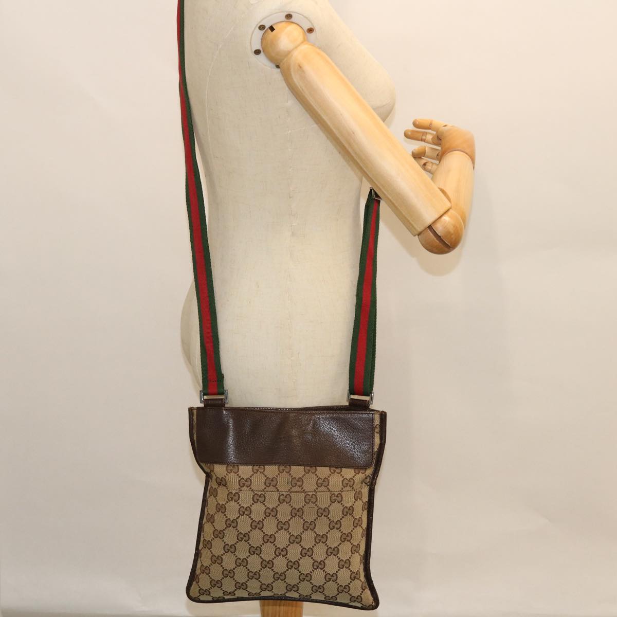 GUCCI GG Canvas Web Sherry Line Shoulder Bag Leather Beige Red 27639 Auth tb860