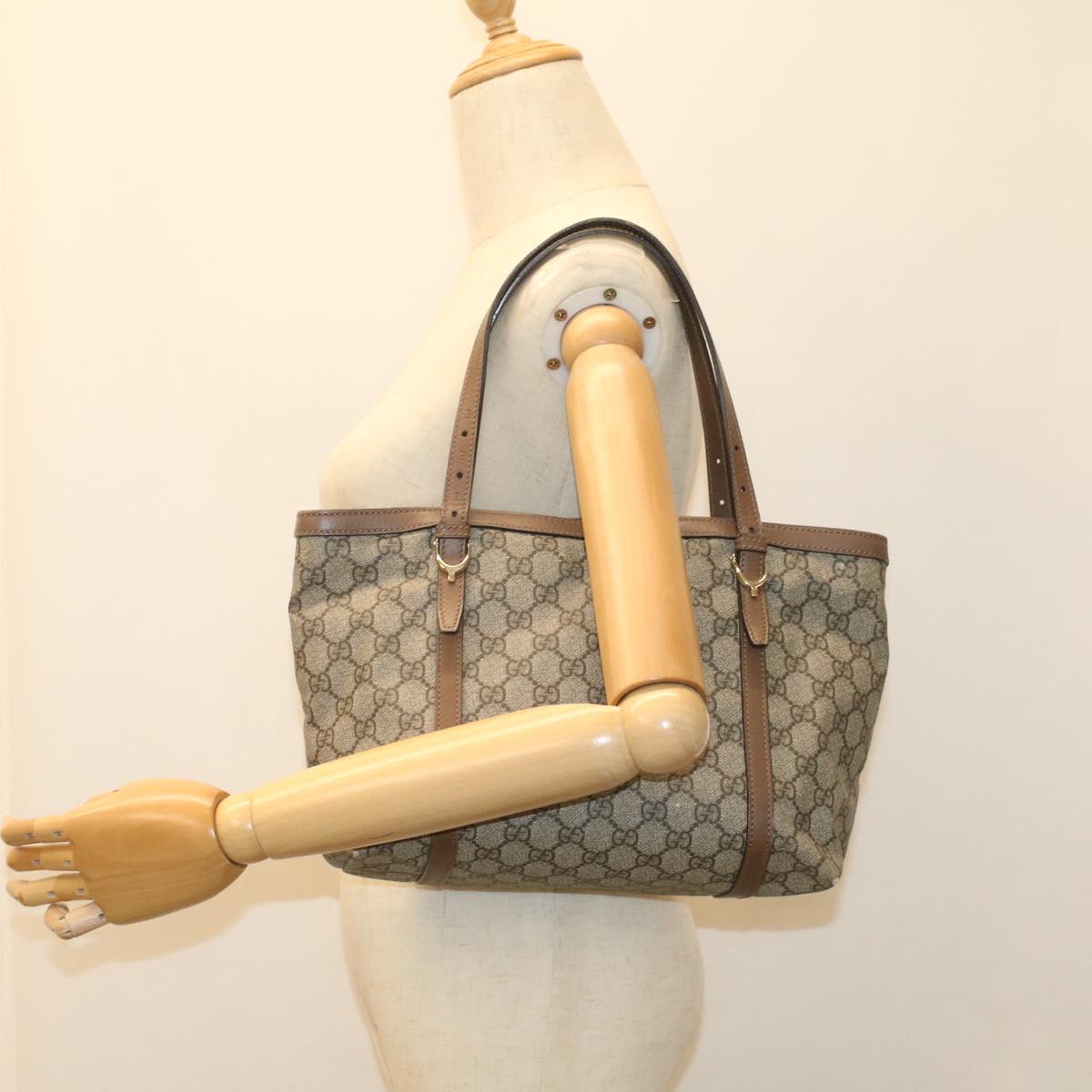 GUCCI GG Canvas Tote Bag PVC Leather Beige 336776 Auth tb900