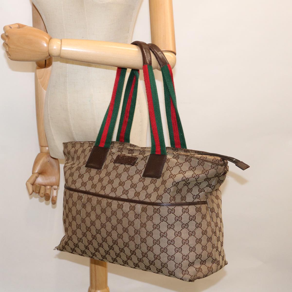 GUCCI GG Canvas Web Sherry Line Mothers Bag Tote Bag Beige Red 155524 Auth tb937