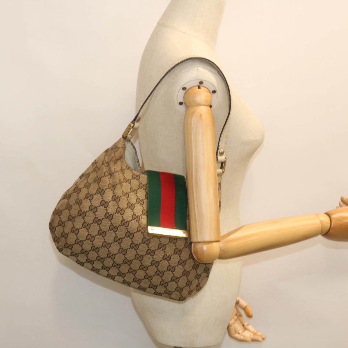 GUCCI GG Canvas Web Sherry Line Shoulder Bag Beige Red Green 211934 Auth th3929