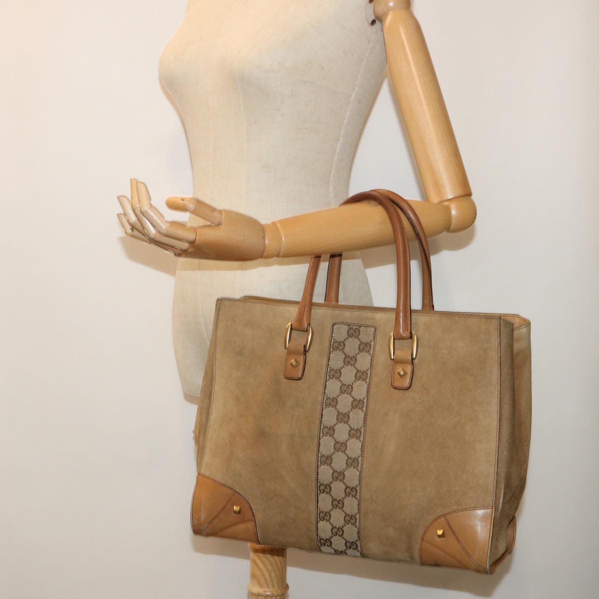 GUCCI GG Canvas Hand Bag Suede Beige 120897 Auth th3960