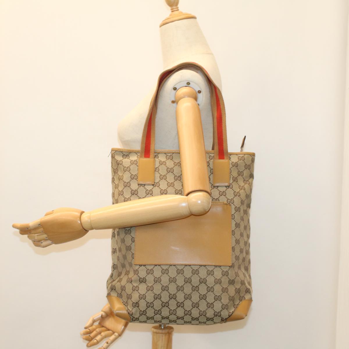 GUCCI GG Canvas Sherry Line Tote Bag Beige Red Brown 019.0401 Auth th3976