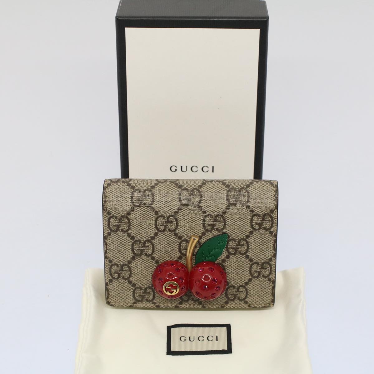 GUCCI GG Canvas Cherry Wallet PVC Leather Beige 476050 Auth th3983