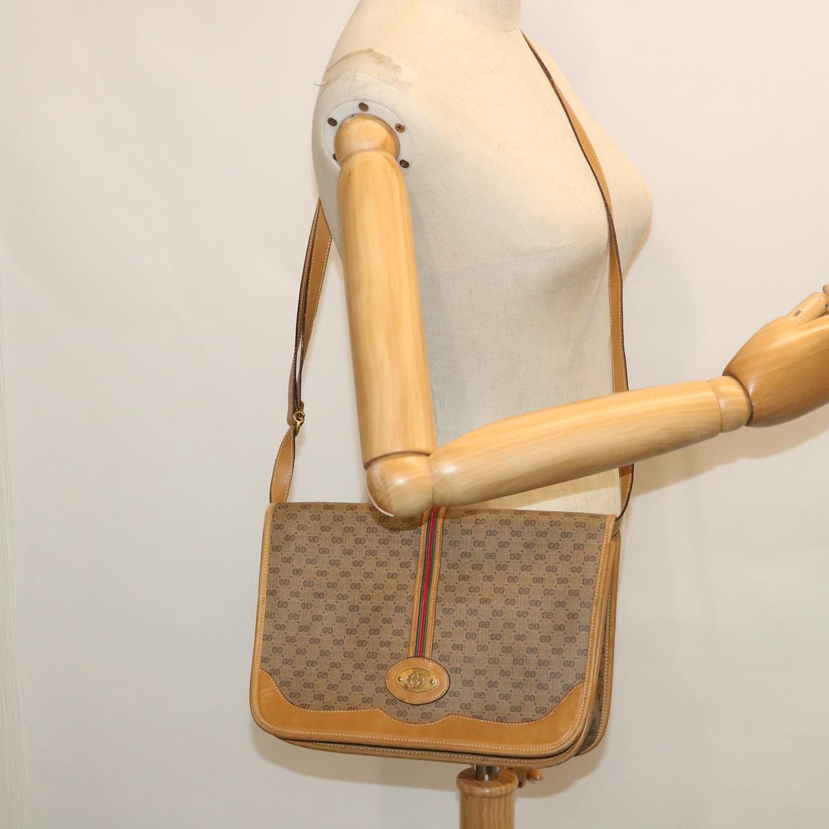 GUCCI Micro GG Canvas Web Sherry Line Shoulder Bag Beige Auth th4016