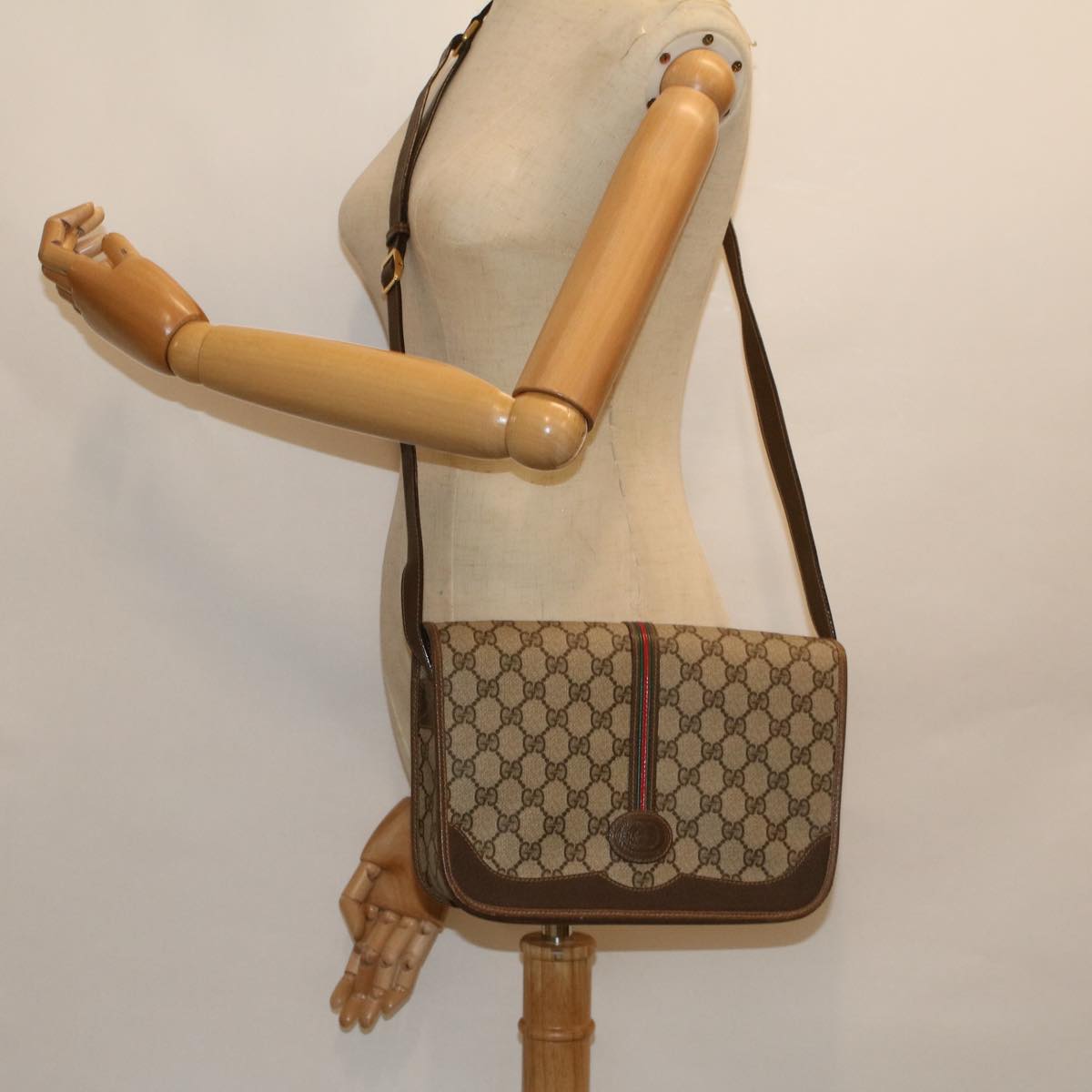 GUCCI GG Canvas Web Sherry Line Shoulder Bag PVC Leather Beige Green Auth th4302