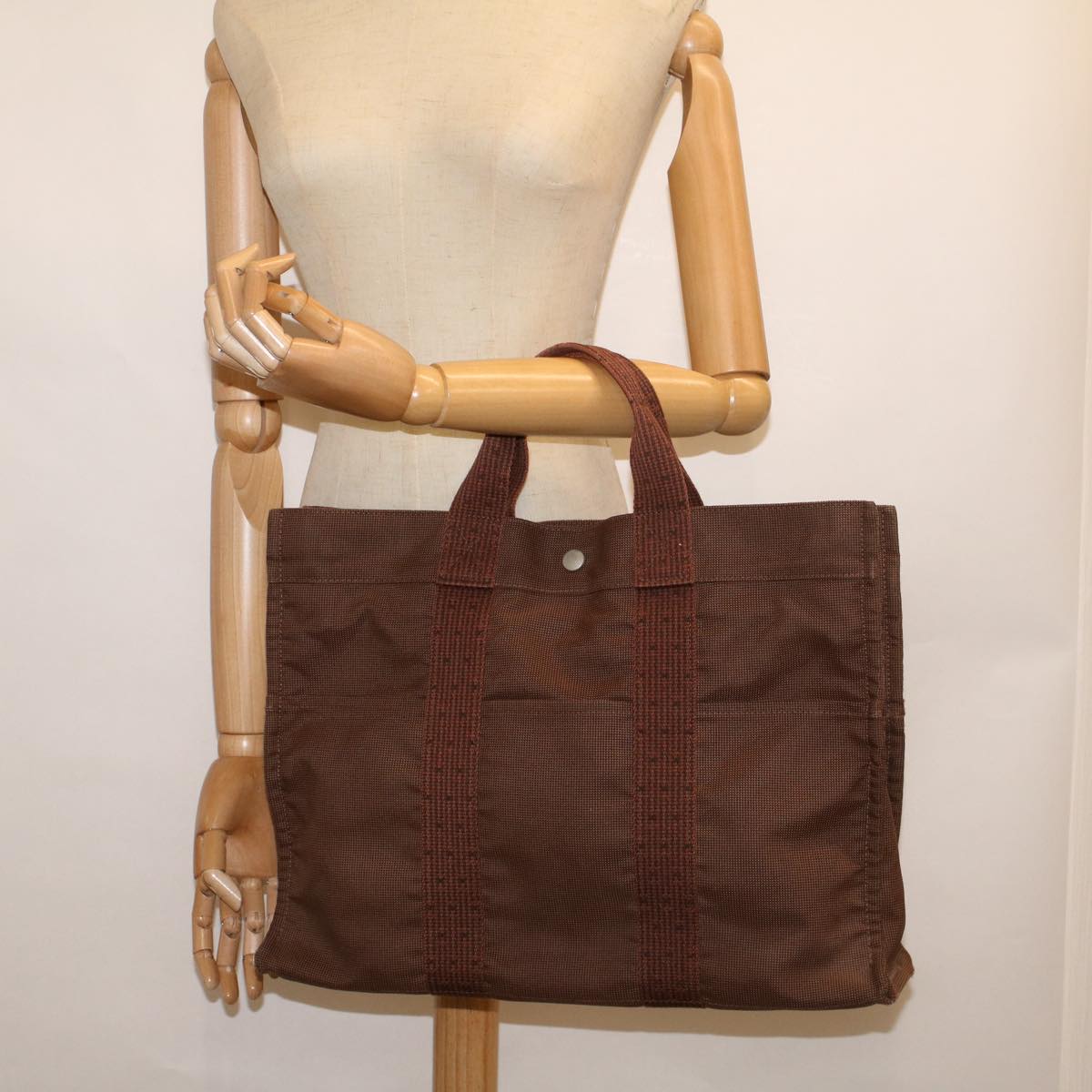 HERMES Her Line Tote Bag Nylon Brown Auth th4303