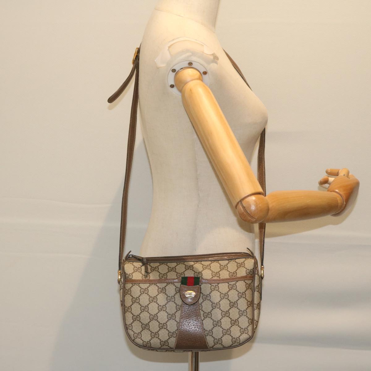 GUCCI GG Supreme Web Sherry Line Shoulder Bag Beige Red 14 02 032 Auth th4355