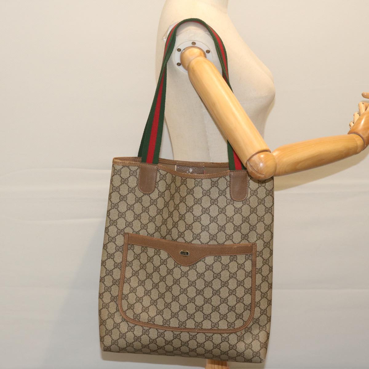 GUCCI GG Supreme Web Sherry Line Tote Bag Beige Red Green 39 02 003 Auth th4362