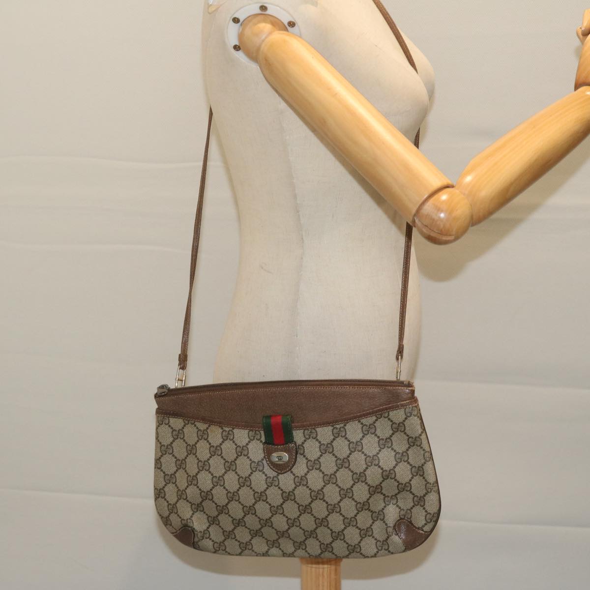 GUCCI GG Supreme Web Sherry Line Shoulder Bag Beige Red 39 02 026 Auth th4493