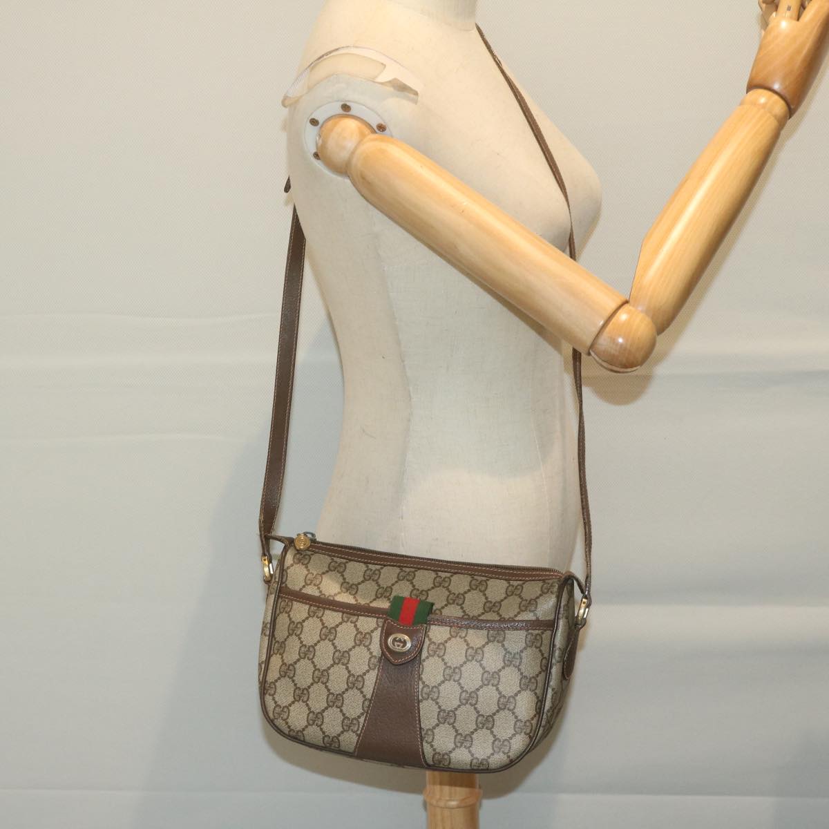 GUCCI GG Canvas Web Sherry Line Shoulder Bag PVC Beige Auth th4529