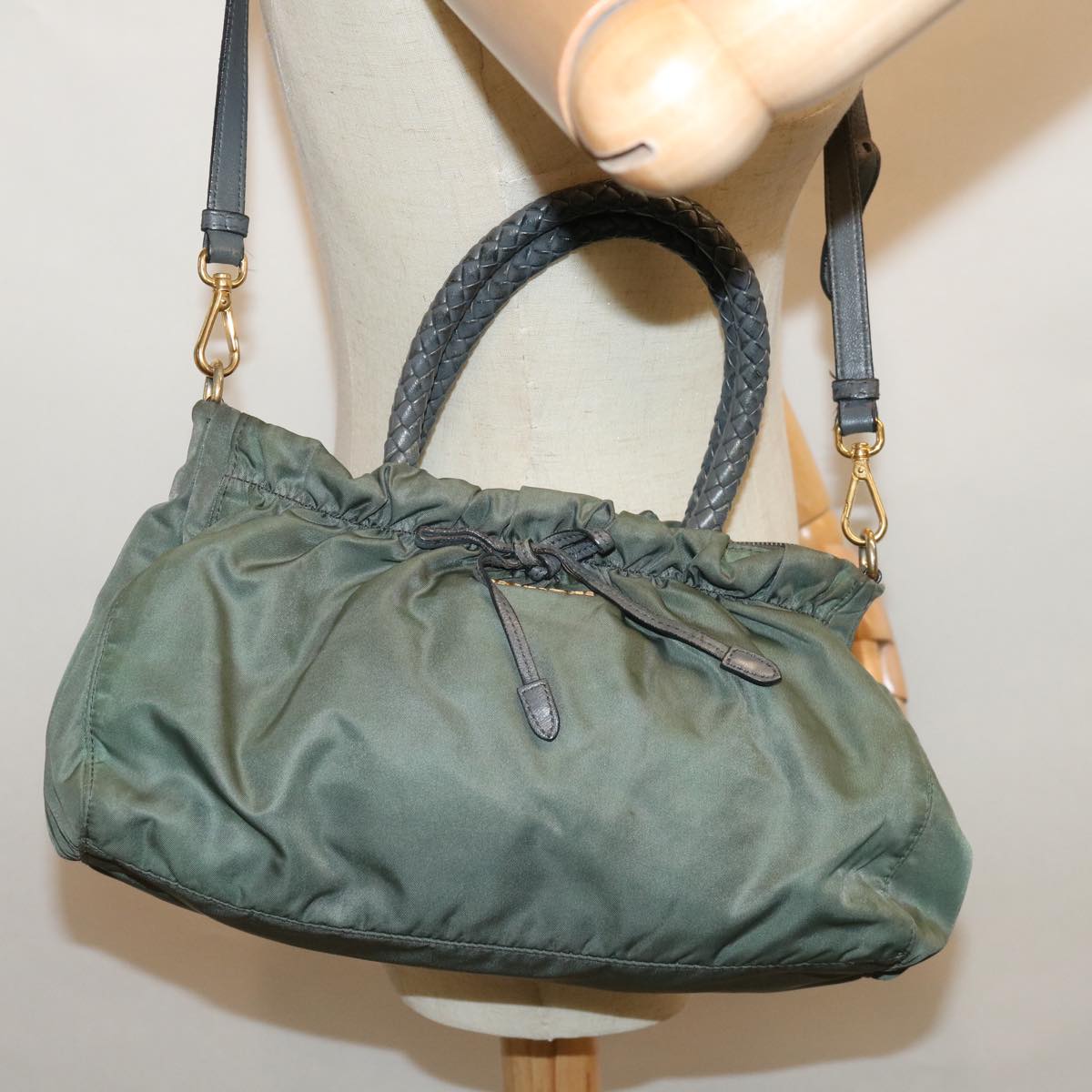 PRADA Hand Bag Nylon 2way Green Auth th4577