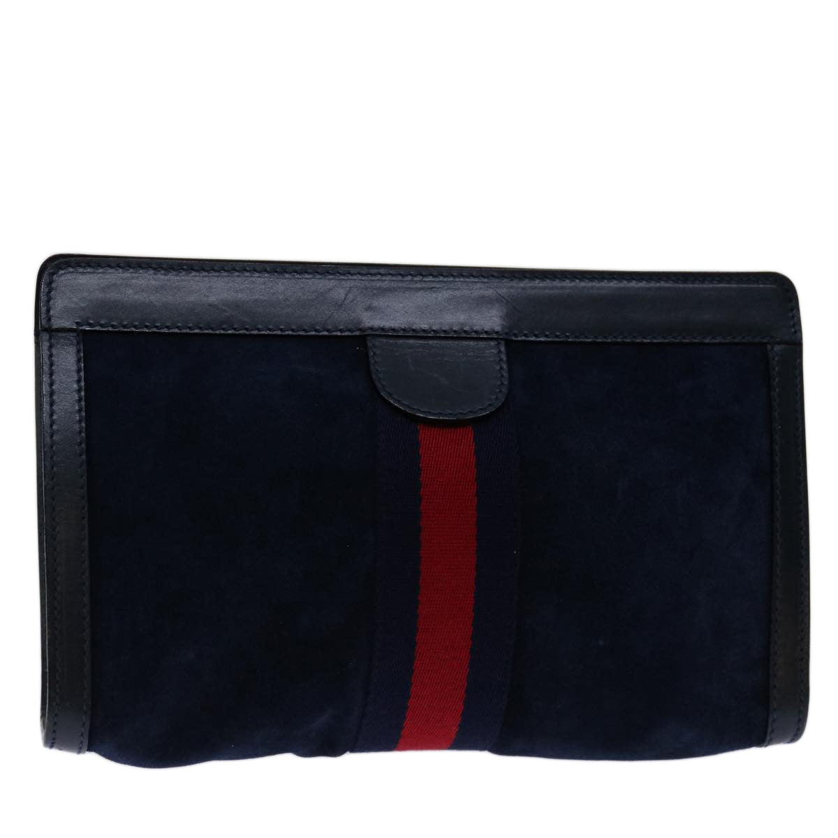 GUCCI Sherry Line Clutch Bag Suede Navy Red Auth th4726