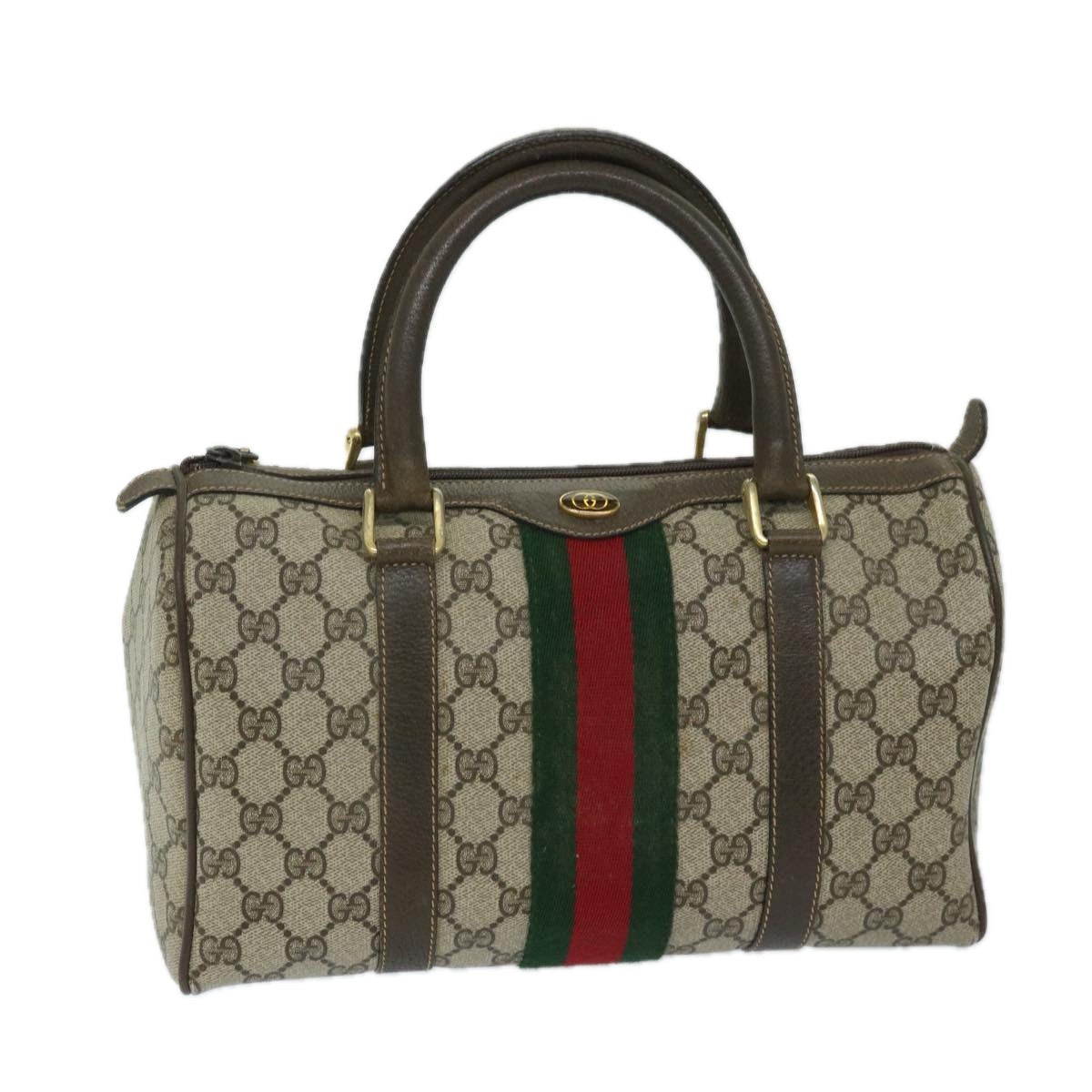 GUCCI GG Canvas Web Sherry Line Boston Bag PVC Beige Red Green Auth th4733