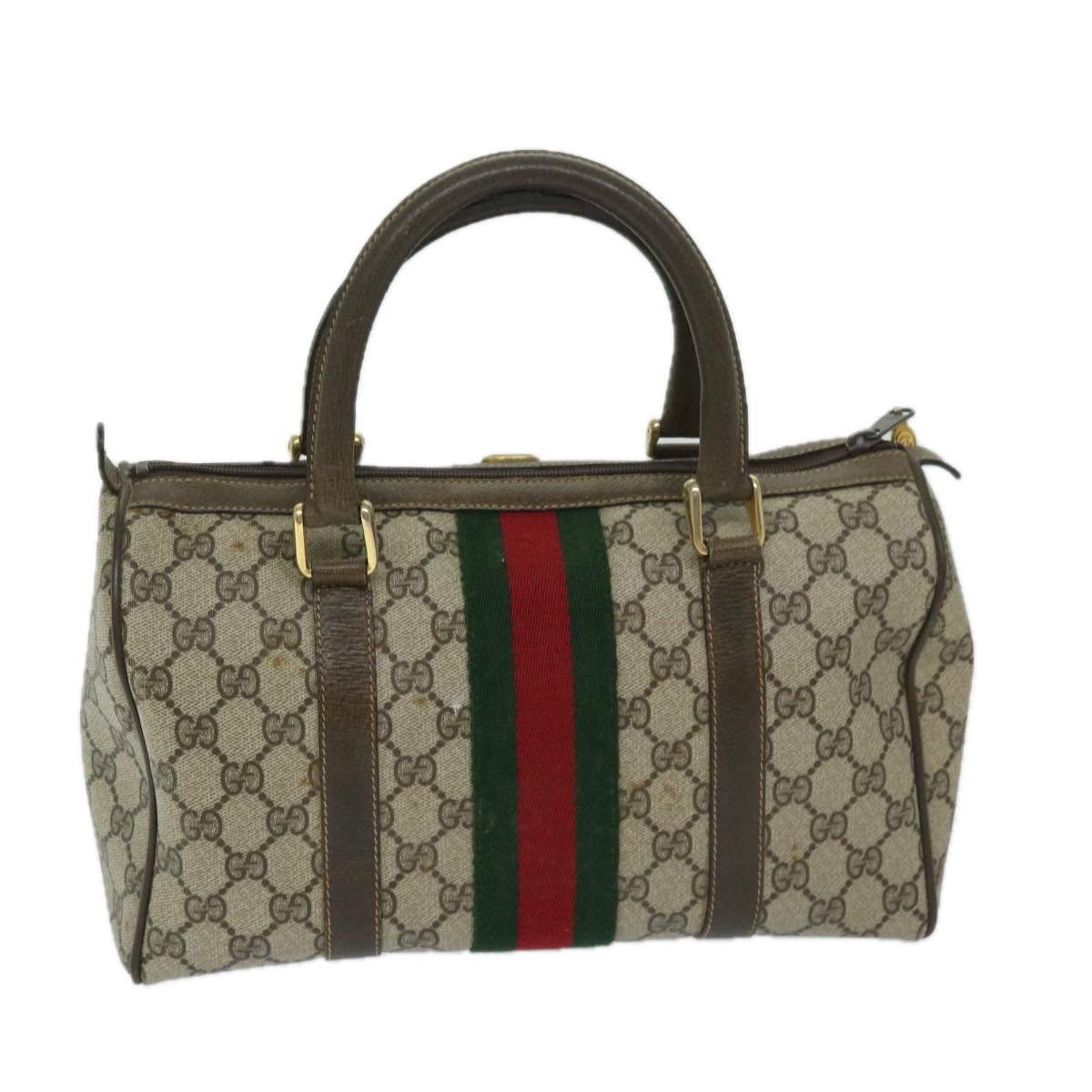 GUCCI GG Canvas Web Sherry Line Boston Bag PVC Beige Red Green Auth th4733 - 0