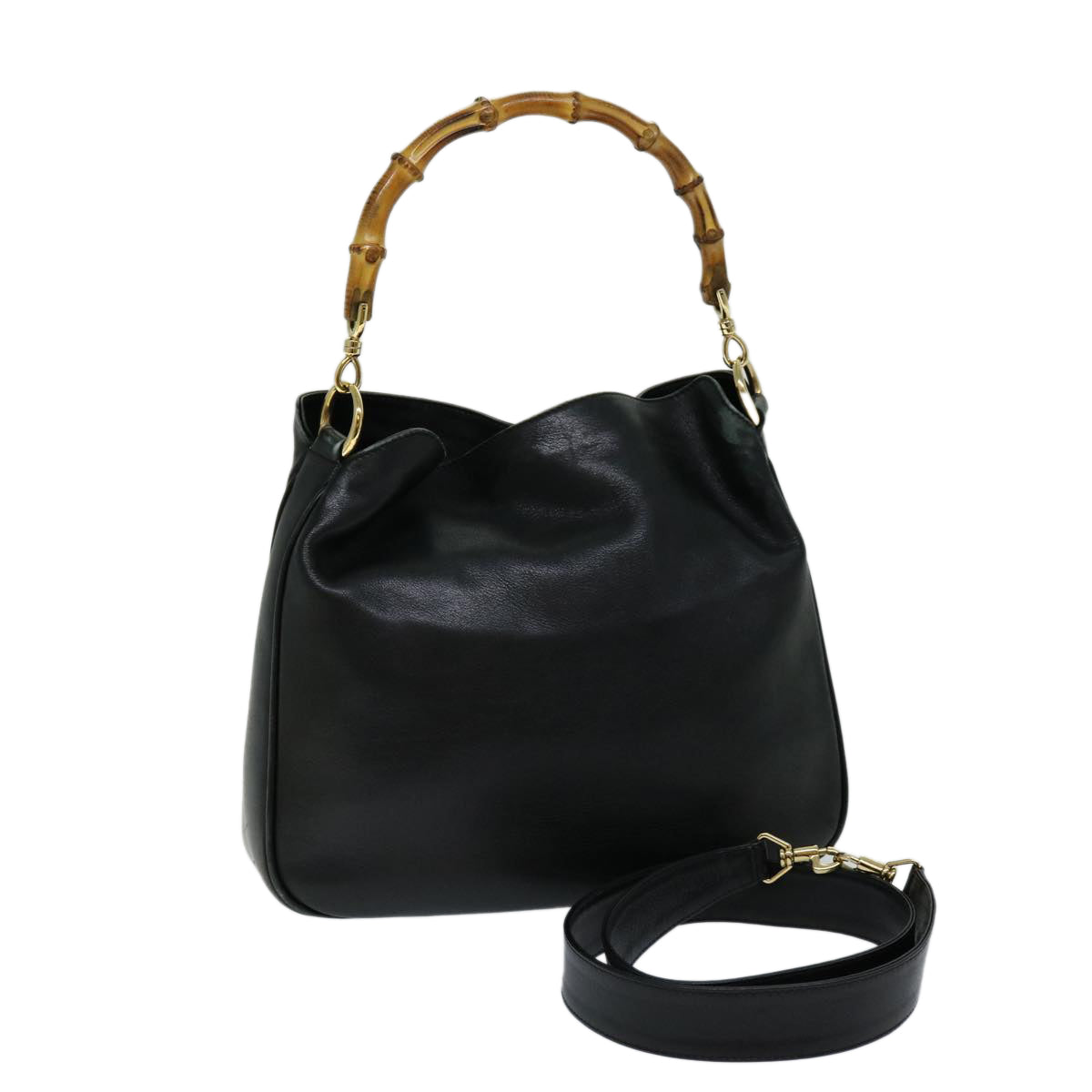 GUCCI Bamboo Shoulder Bag Leather 2way Black Auth th4752