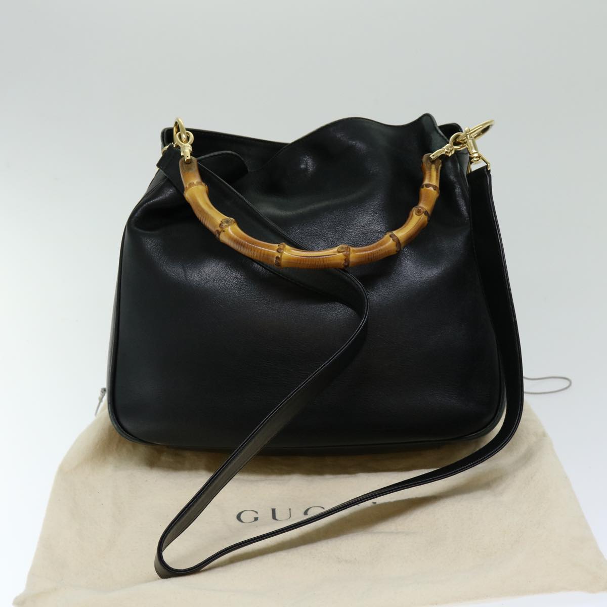 GUCCI Bamboo Shoulder Bag Leather 2way Black Auth th4752