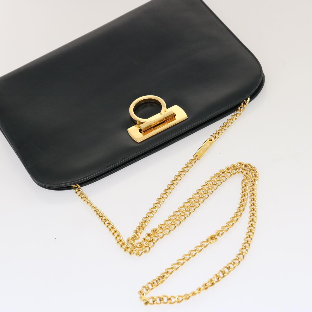 Salvatore Ferragamo Gancini Chain Shoulder Bag Leather Black Auth th4763