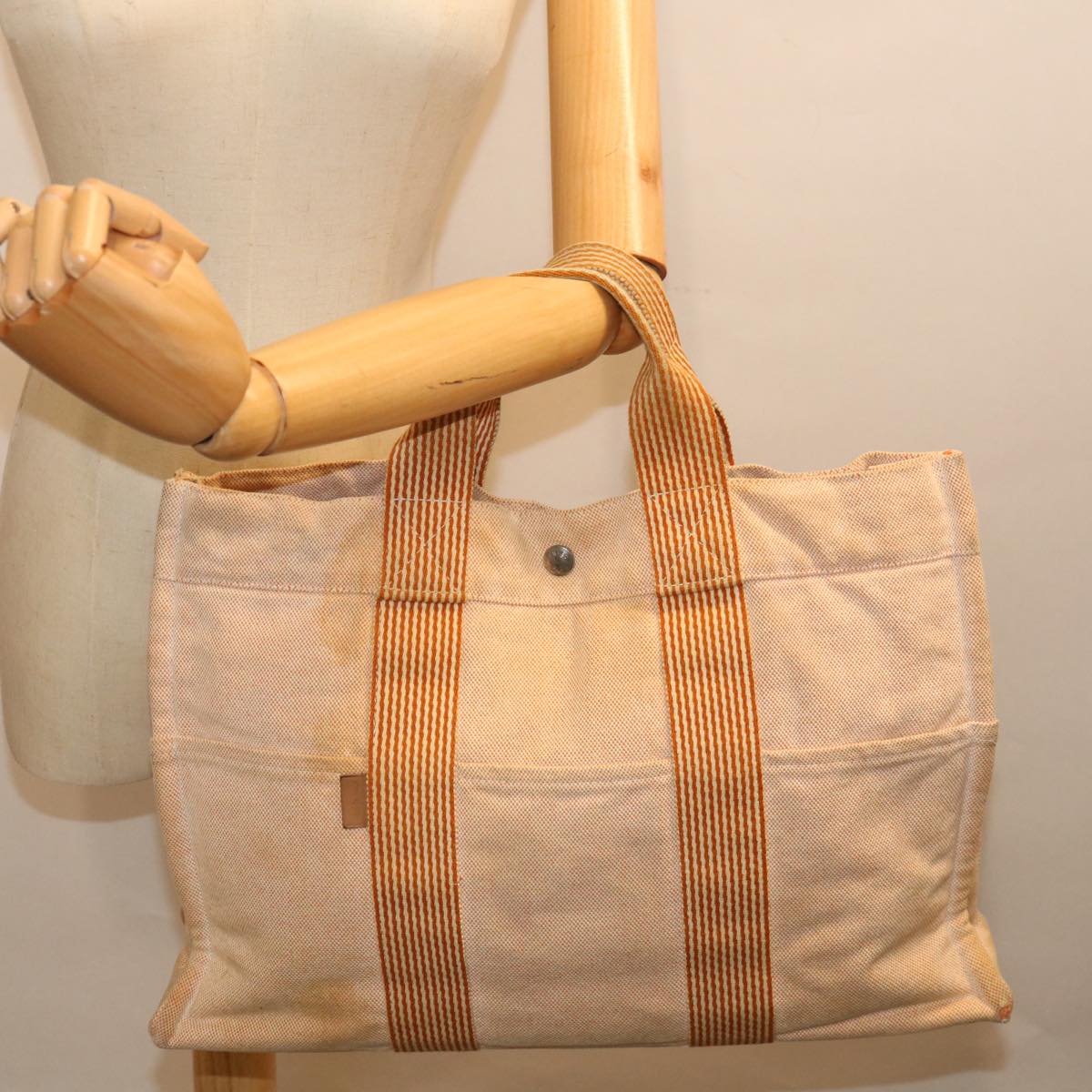 HERMES New Fourre Tout MM Hand Bag Canvas Beige Auth th4790