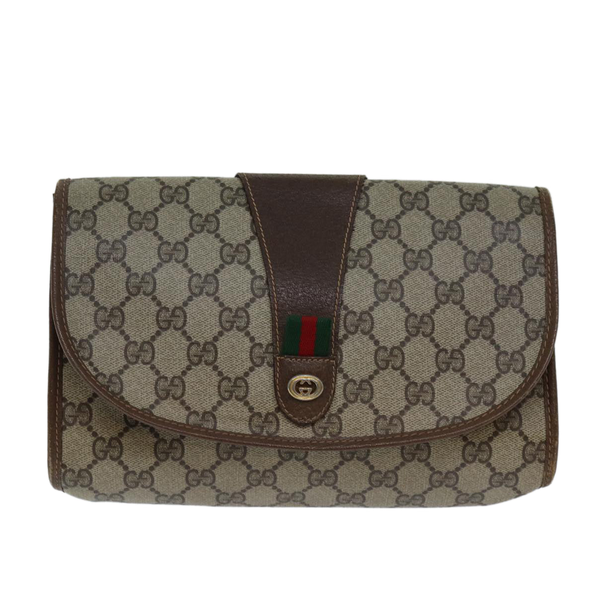 GUCCI GG Supreme Web Sherry Line Clutch Bag PVC Beige Red 156 01 030 Auth th4947