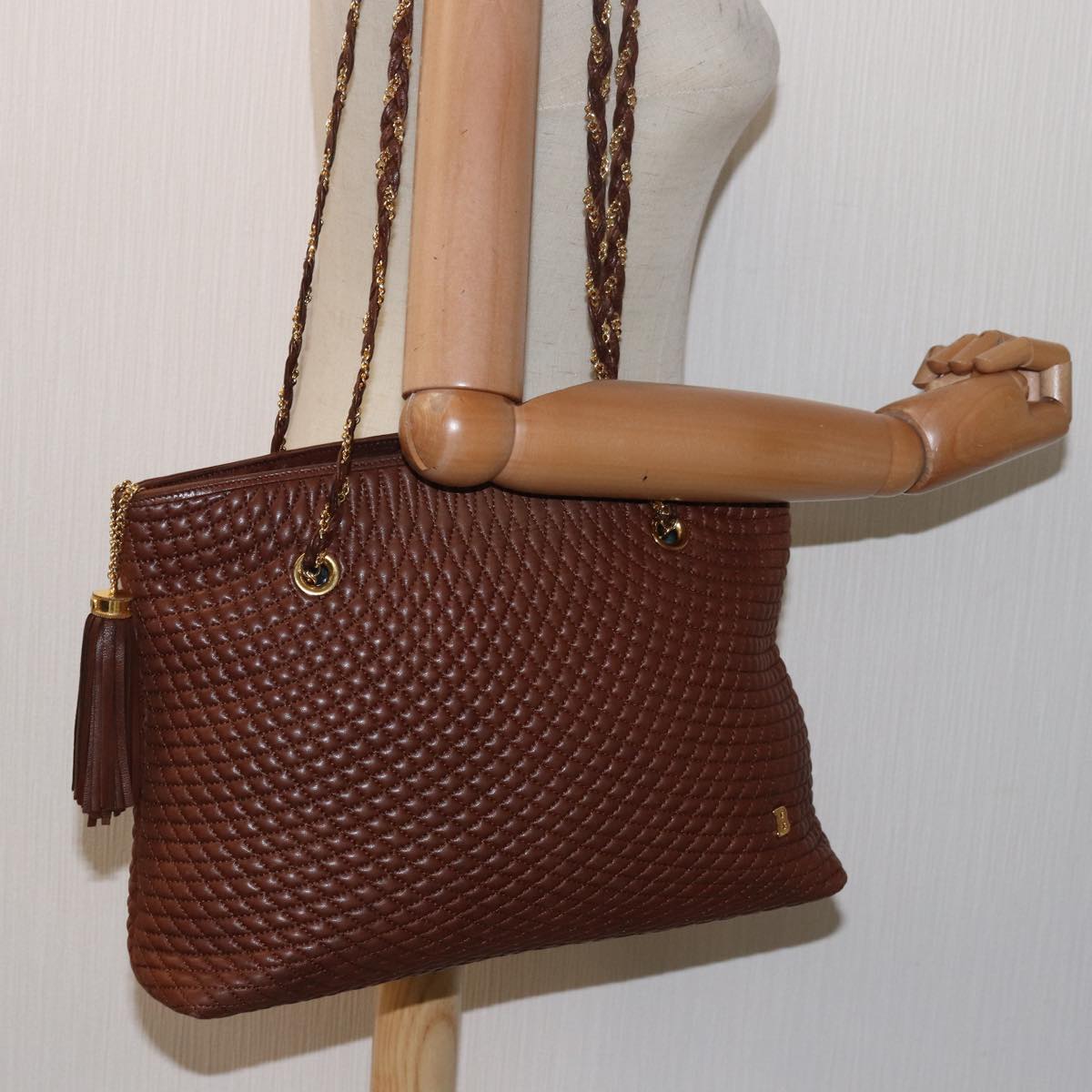 BALLY Chain Quilted Tote Bag Leather Brown Auth th5078