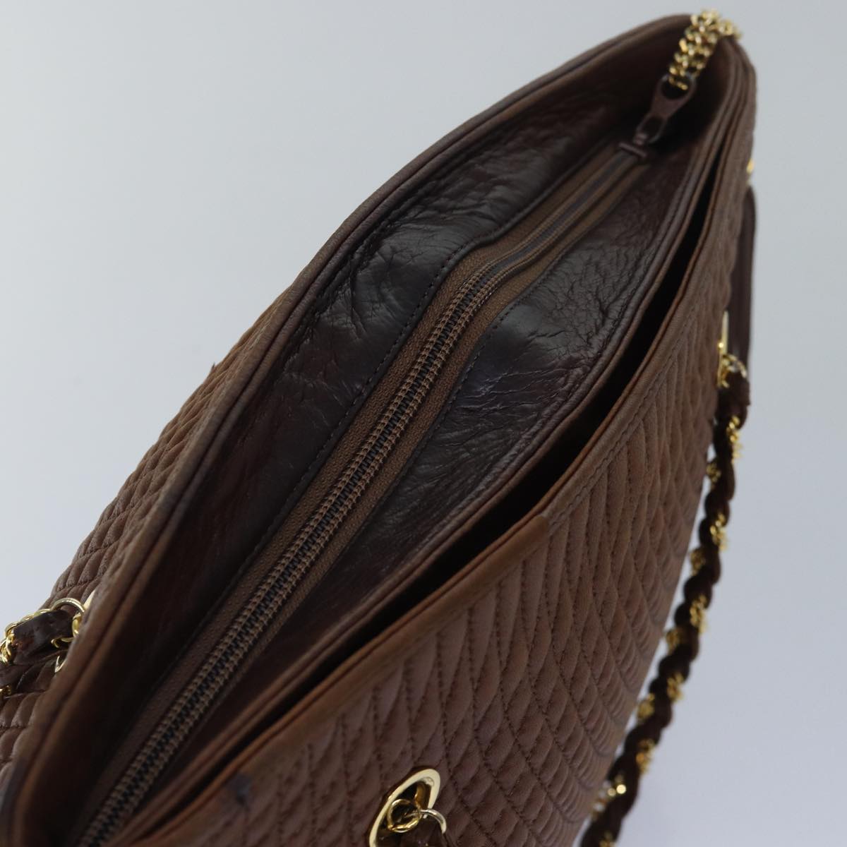 BALLY Chain Quilted Tote Bag Leather Brown Auth th5078