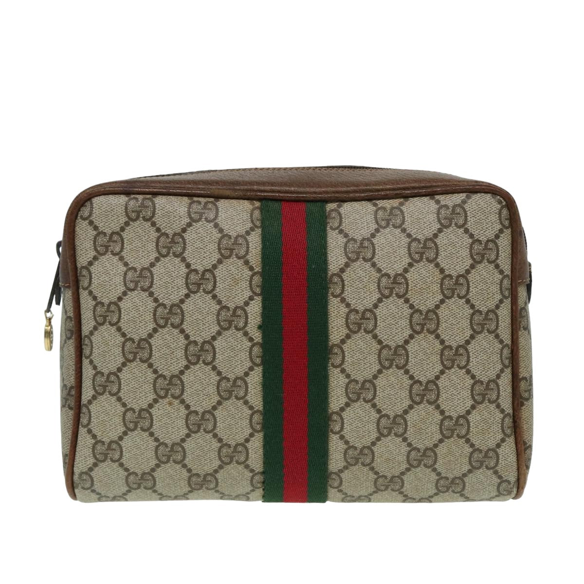 GUCCI GG Canvas Web Sherry Line Clutch Bag PVC Leather Beige Green Auth th5130