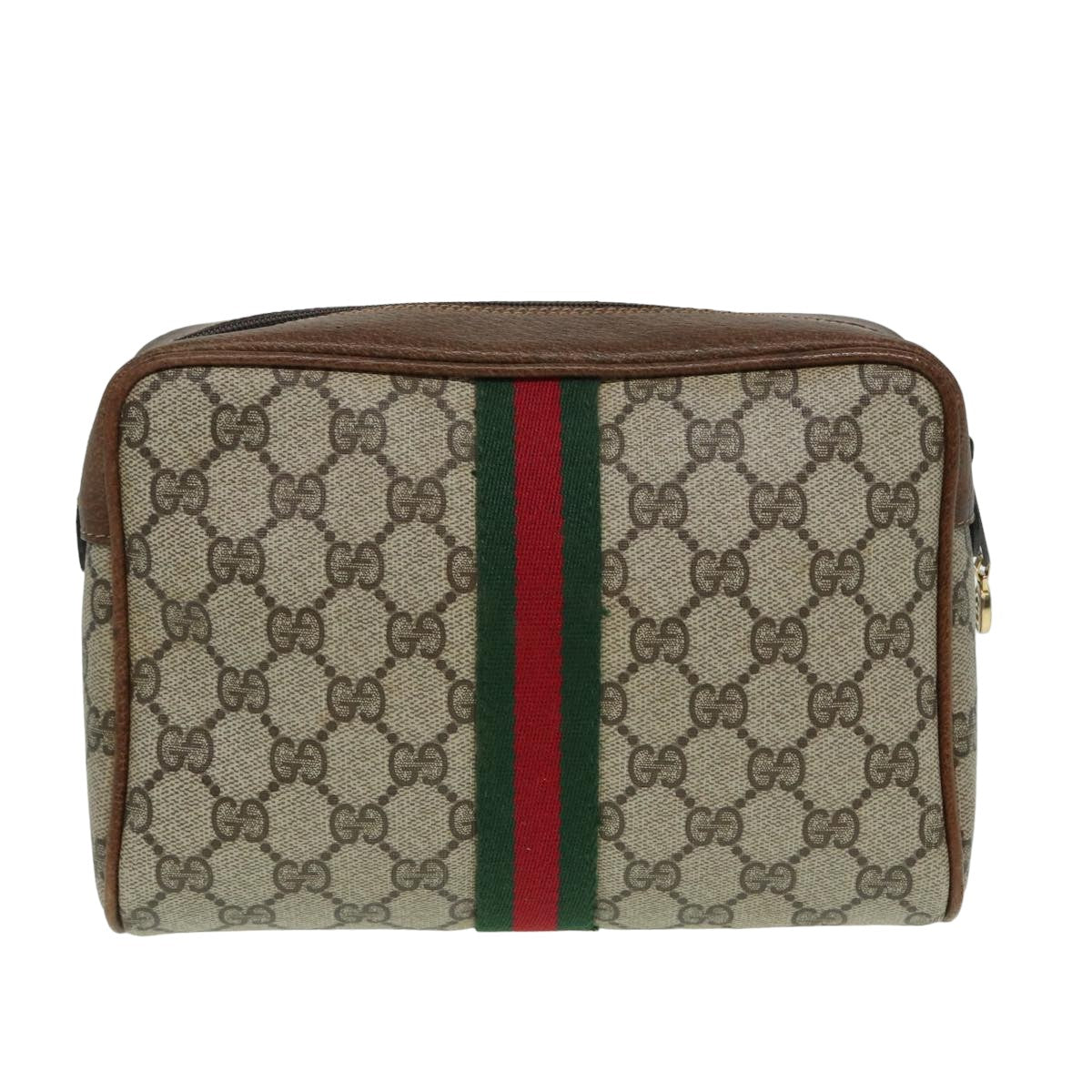 GUCCI GG Canvas Web Sherry Line Clutch Bag PVC Leather Beige Green Auth th5130