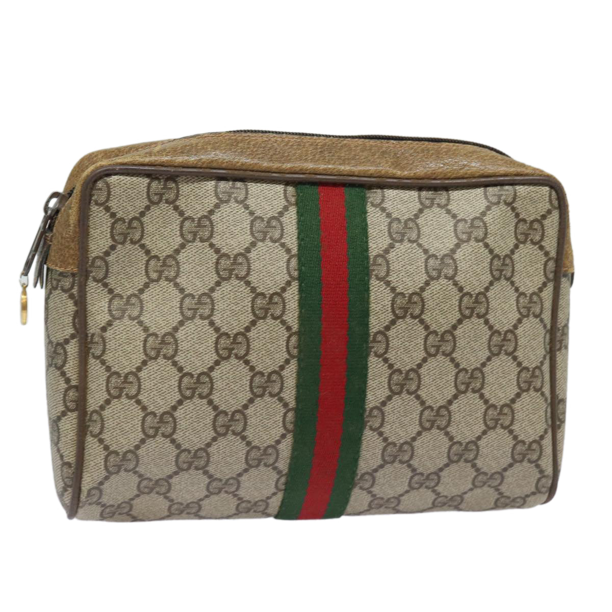 GUCCI GG Supreme Web Sherry Line Clutch Bag PVC Leather Beige Red Auth th5137