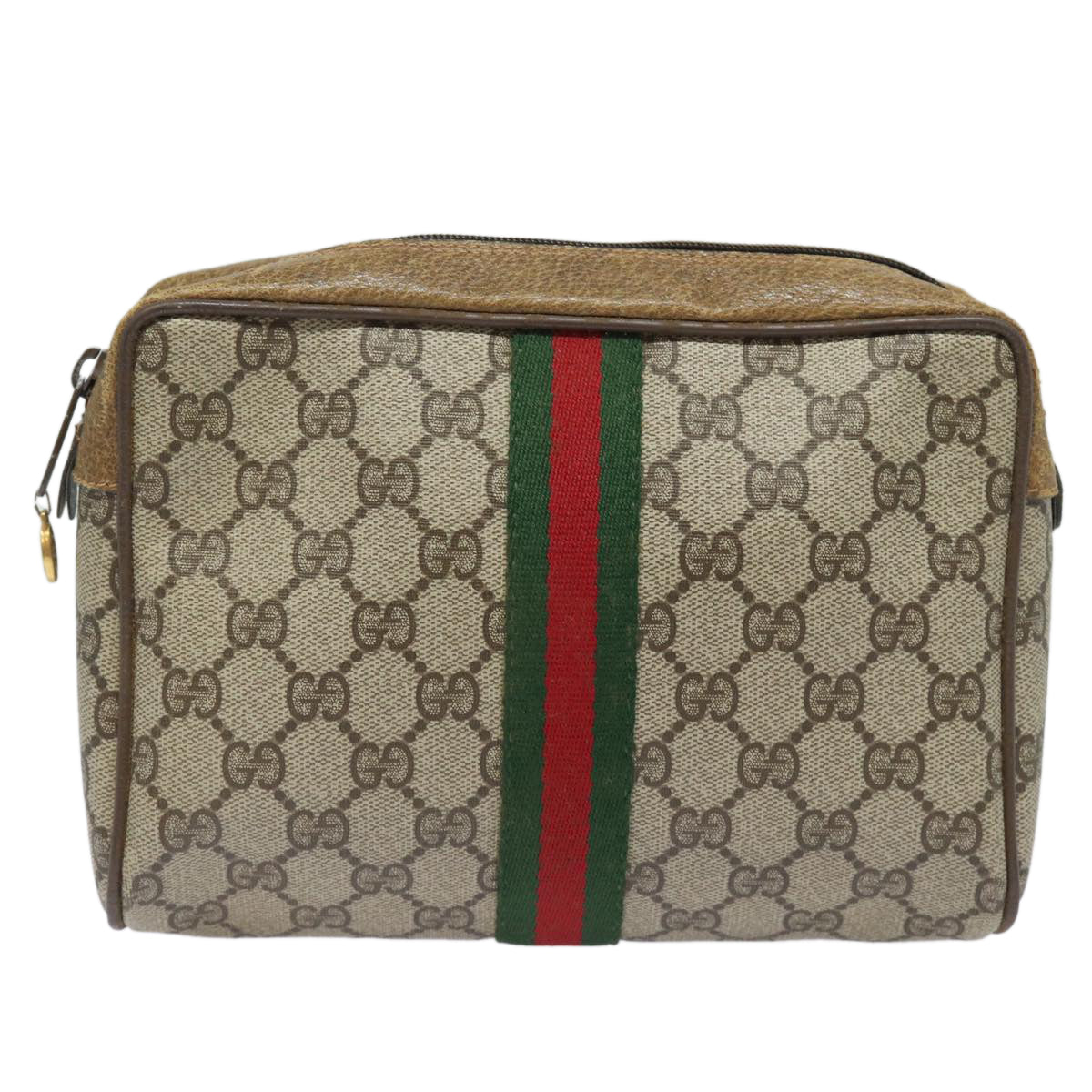 GUCCI GG Supreme Web Sherry Line Clutch Bag PVC Leather Beige Red Auth th5137