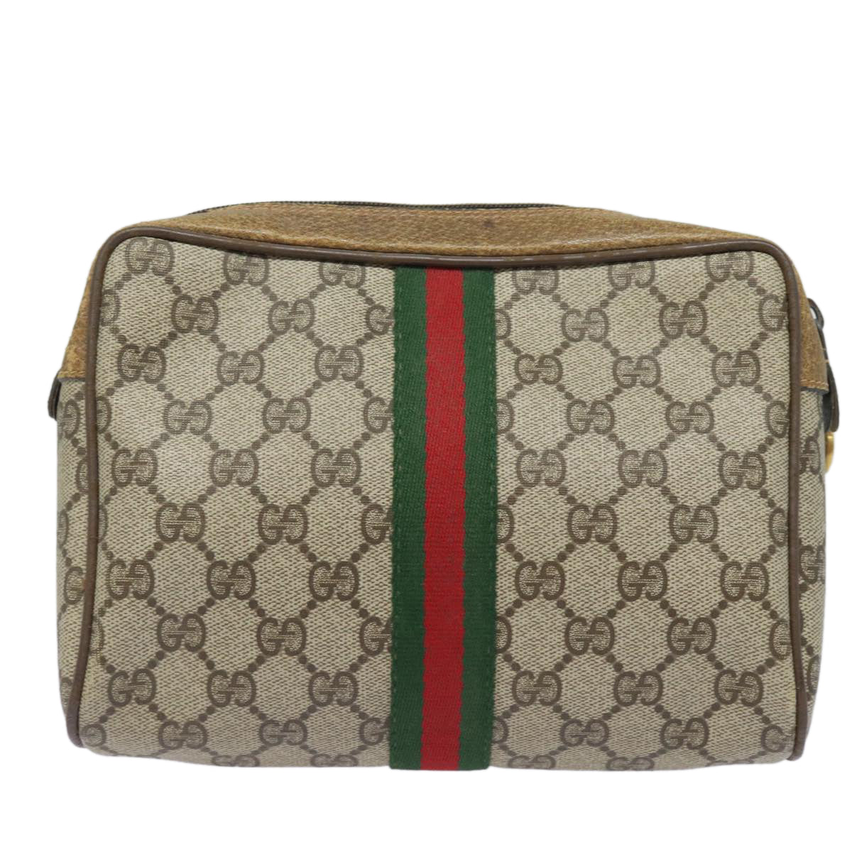 GUCCI GG Supreme Web Sherry Line Clutch Bag PVC Leather Beige Red Auth th5137 - 0