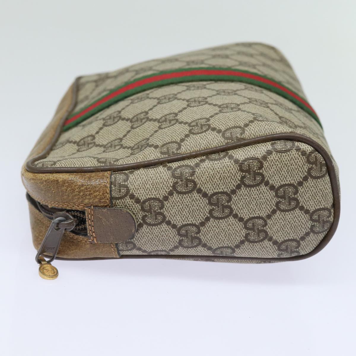 GUCCI GG Supreme Web Sherry Line Clutch Bag PVC Leather Beige Red Auth th5137